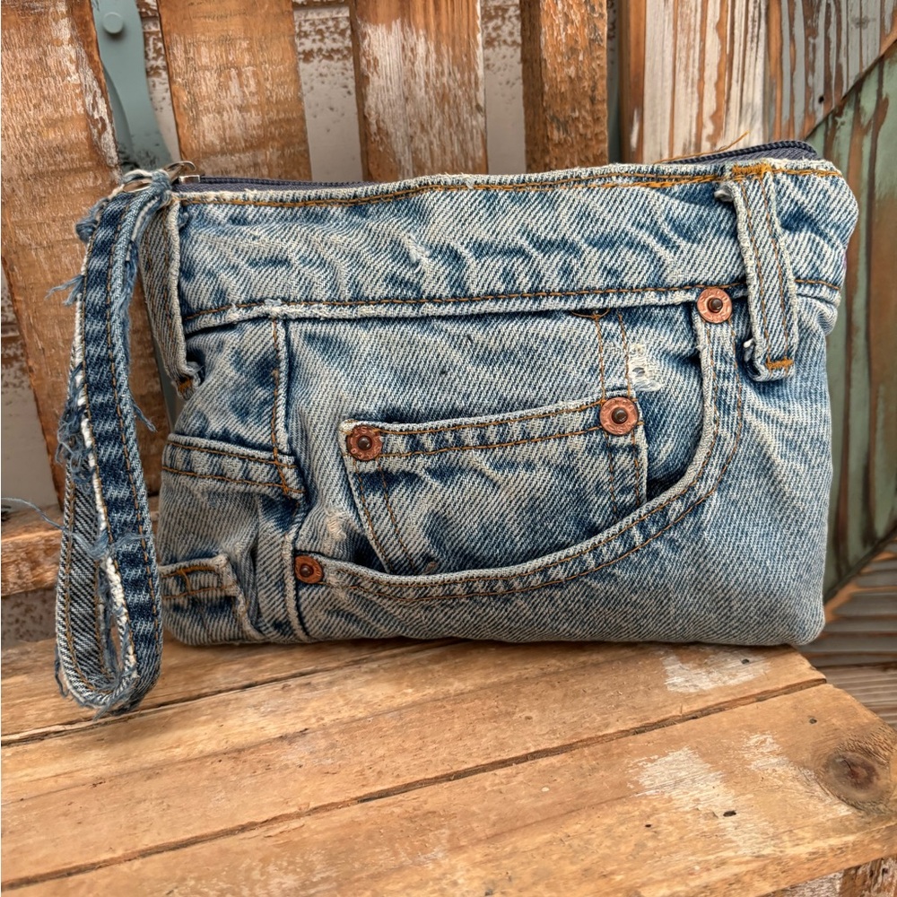 Handmade Denim Jean Wristlet Bag Makeup Bag Travel Bag